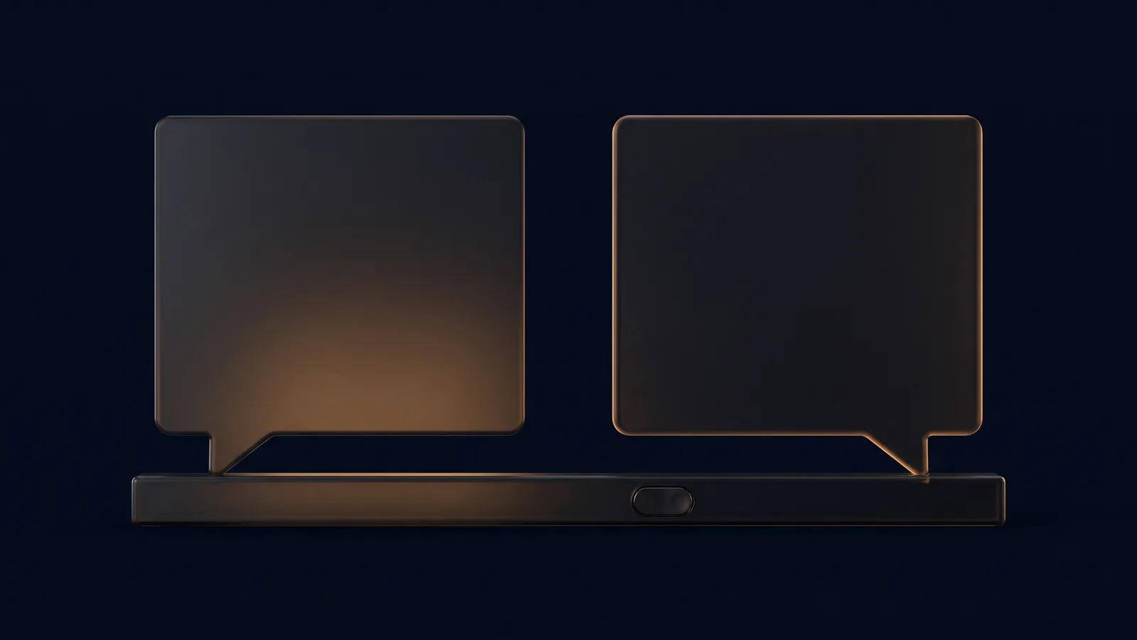 Two dark glass chat bubbles standing side by side on a low base rail in a deep blue void, the left one glowing softly warm amber and the right one dark, with a small toggle switch set into the rail beneath it