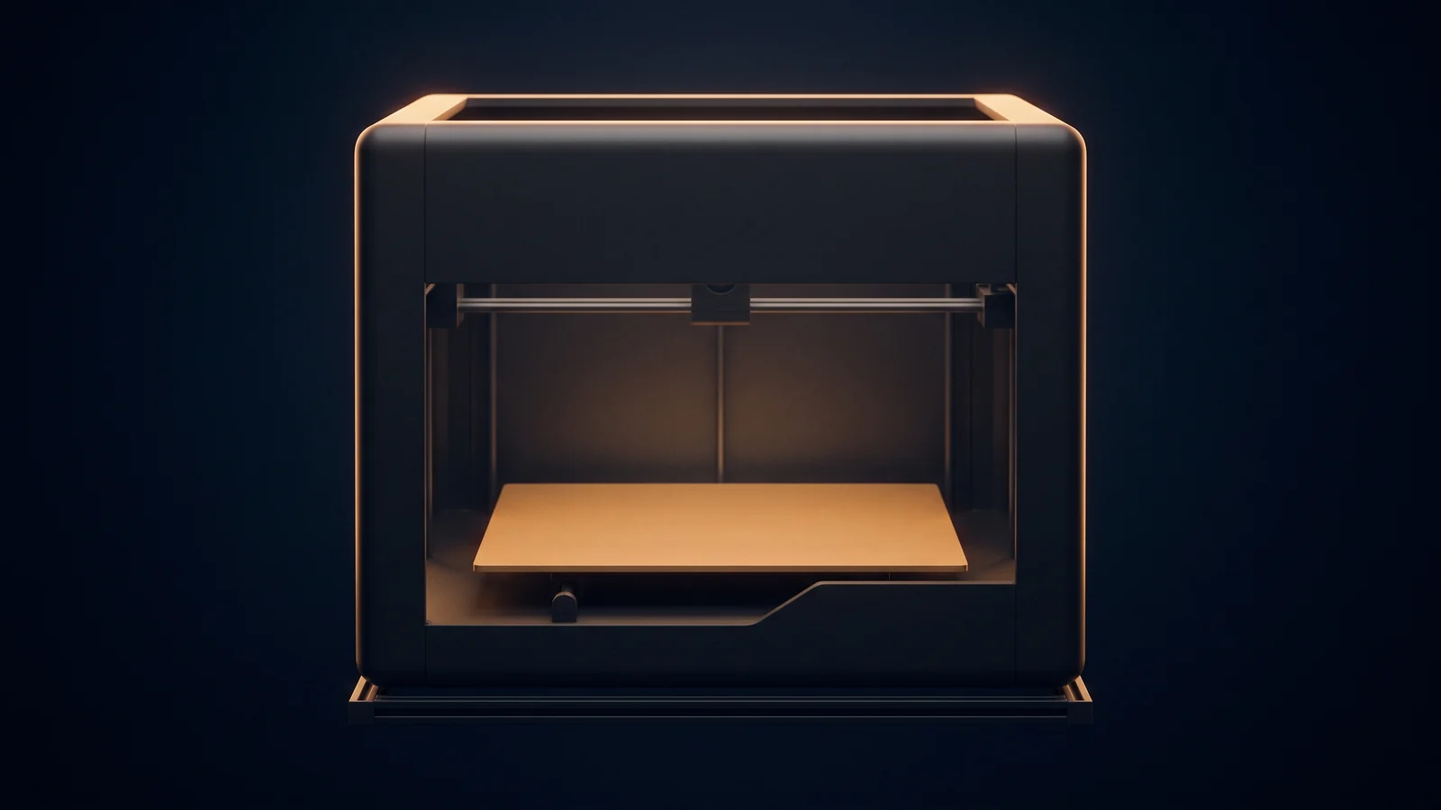 A dark three-dimensional printing machine in a deep blue void, its blank build plate glowing warm amber inside the open front bay