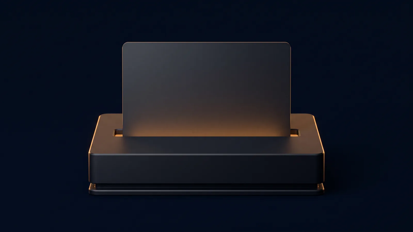 A broad blank dark reader housing resting on a low rail in a deep blue void, one large unmarked card standing fully upright and proud of a slot across its top face, the open slot behind the card washed warm amber from within