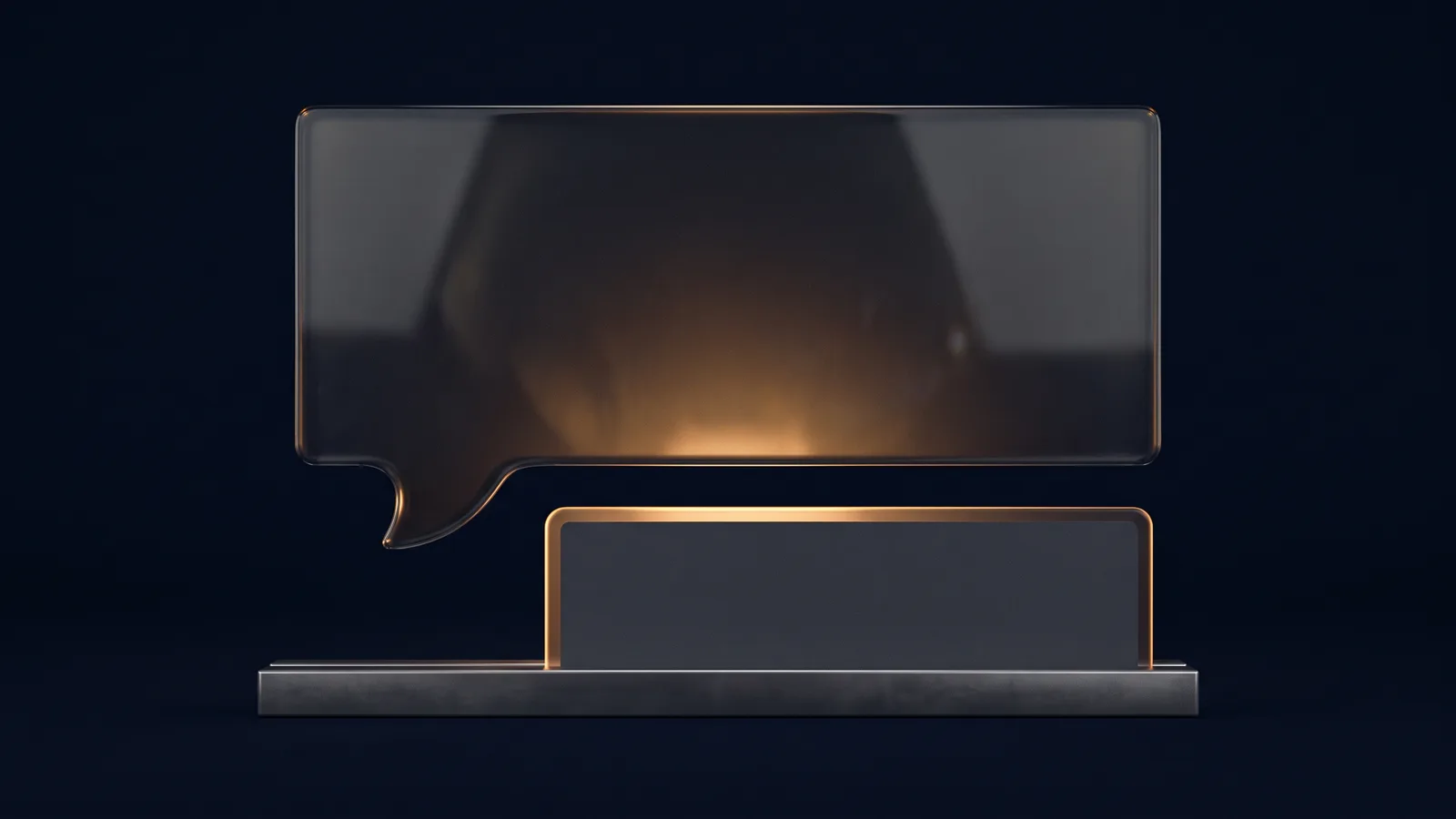 A large dark glass chat bubble glowing softly amber in a deep blue void, with a separate smaller unlit card standing beneath it on the same low base