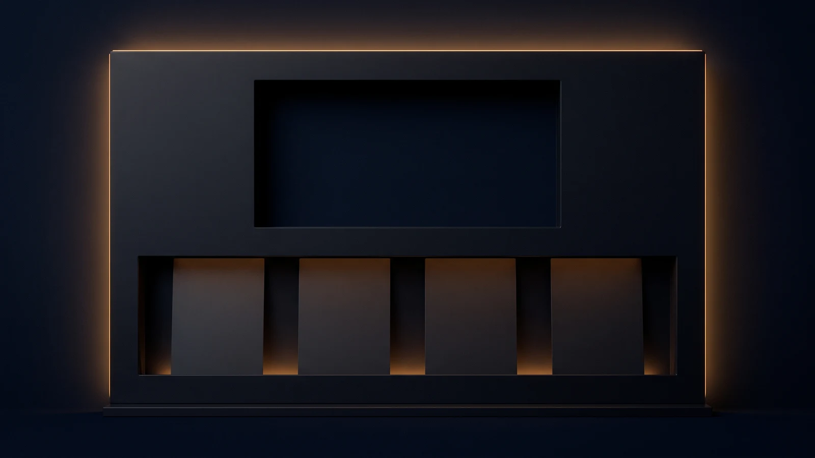 A broad blank dark display board standing on a low base rail in a deep blue void, one large empty unlit recess cut into its upper half and a row of four separate blank cards standing in a channel below it, each washed dimly warm amber