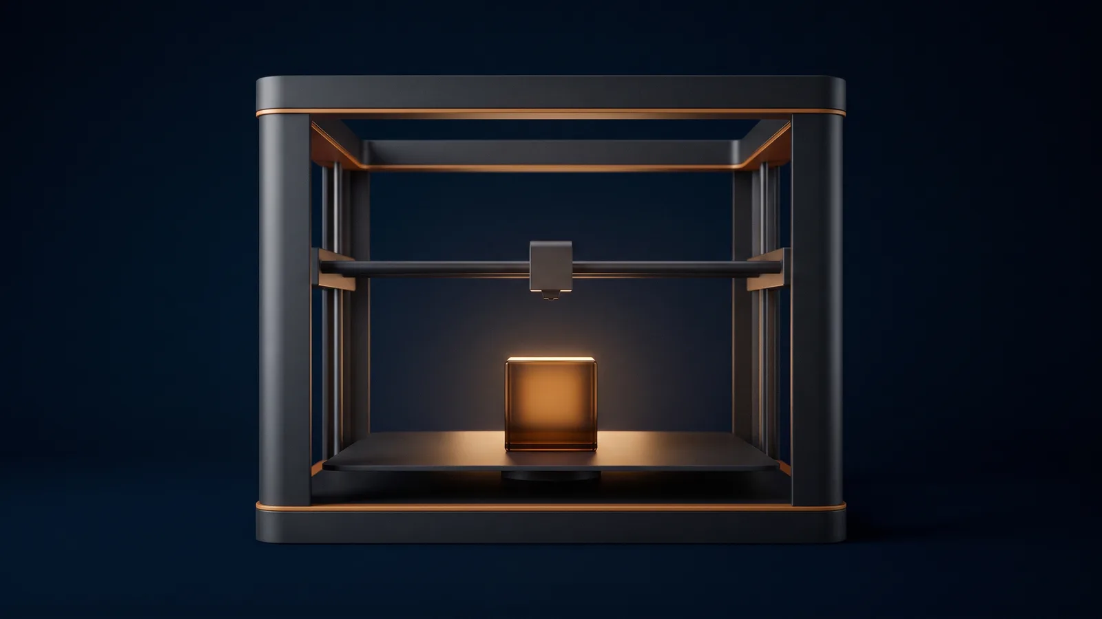 A broad open-frame desktop 3D printer in matte near-black with thin amber rims seen straight on in a deep blue void, its print head above one small blank cube glowing warm amber on the build plate