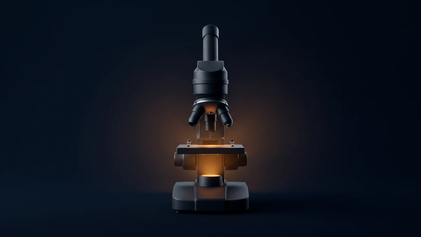 A desktop microscope of matte near-black glass standing dead-on in a deep blue void, body and barrel dark, the flat specimen stage beneath the objective lit warm amber from within