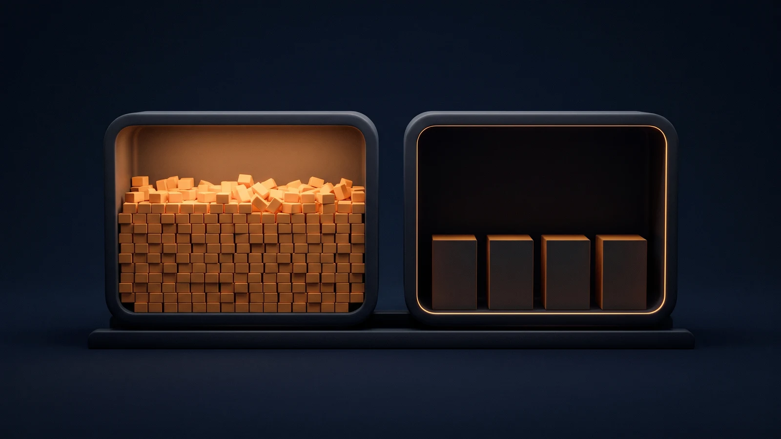 Two large blank open-fronted bins of dark smoked charcoal side by side in a deep blue void, the left packed tight with many small unmarked blocks and washed warm amber, the right holding four larger unmarked blocks standing well apart and left dark