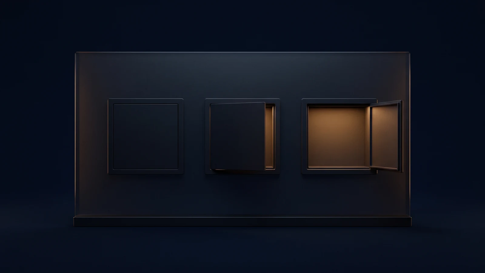 A broad blank wall panel of dark smoked glass in a deep blue void, three identical square access hatches in a row, the left shut and dark, the middle half open with warm amber light in the gap, and the right fully open with its interior washed warm amber