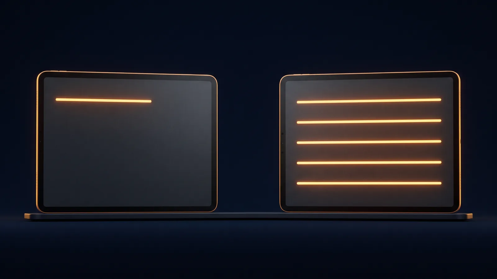 Two dark landscape tablets on one low rail in a deep blue void, the left screen showing one short amber row and the right showing five full amber rows
