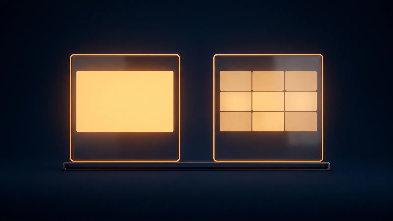 Two square video call windows of dark smoked glass standing apart on one low rail in a deep blue void, the left holding one large blank tile glowing warm amber, the right divided into a grid of nine smaller blank tiles glowing softer amber