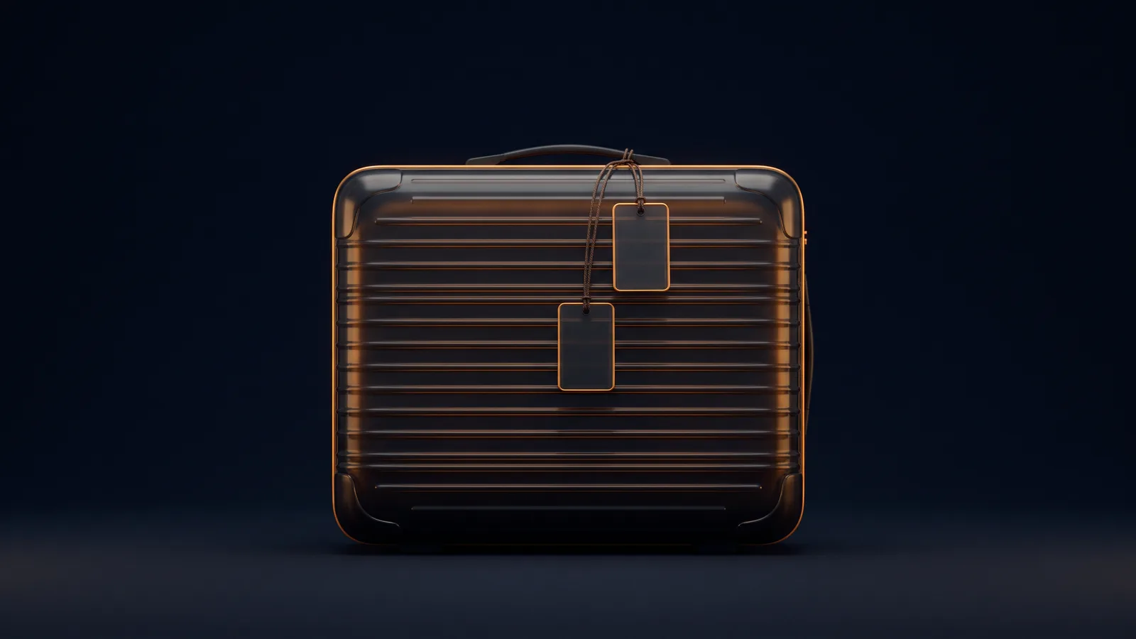 A broad ribbed hard-shell suitcase of dark smoked glass with thin amber rims seen straight on in a deep blue void, with two blank luggage tags hanging from its single handle, one lower than the other