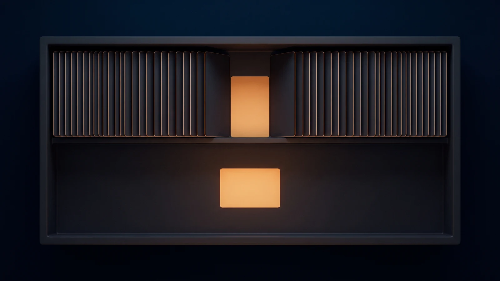 A broad blank card tray of dark smoked charcoal seen from directly above in a deep blue void, one long row of unmarked cards standing edge on with a single card-width gap open in the middle washed warm amber, and one separate unmarked card lying well clear below the row and lit