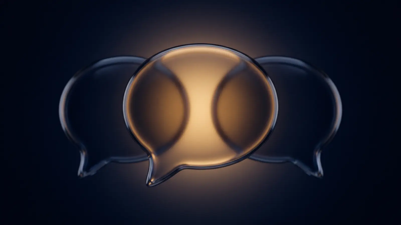 Three rounded speech bubbles of dark smoked glass overlapping in a row in a deep blue void, the front one glowing warm amber from within and the two behind left dark