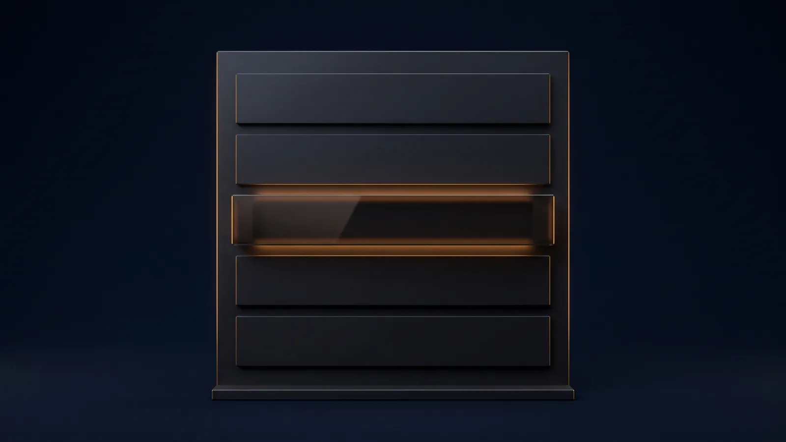 A dark upright panel on a low base in a deep blue void, carrying five wide blank bars, the middle bar pulled forward out of the panel with warm amber light in the channel behind it