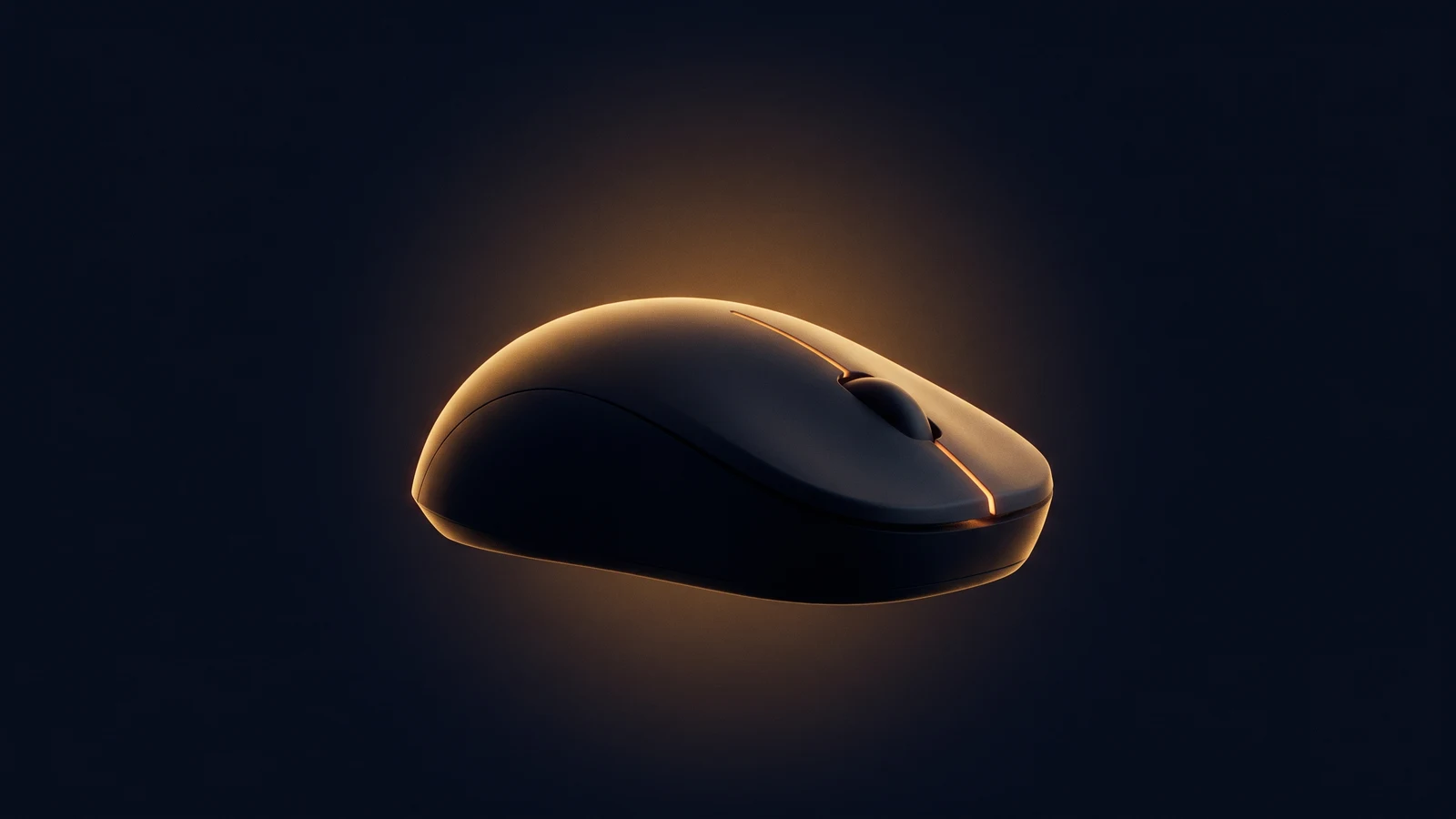 A near-black computer mouse resting in a deep blue void, rimmed with warm amber light, the fine seam between its two buttons glowing along its length