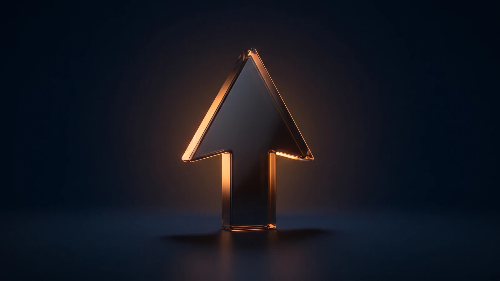 An oversized upward arrow pointer of dark smoked glass standing on a dark floor in a deep blue void, its bevelled edges glowing warm amber from within
