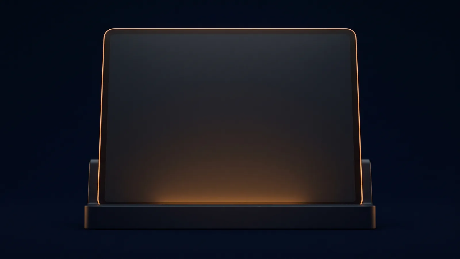 A dark tablet resting upright in a heavy stand in a deep blue void, its blank screen rimmed with warm amber and lit dimly from the base