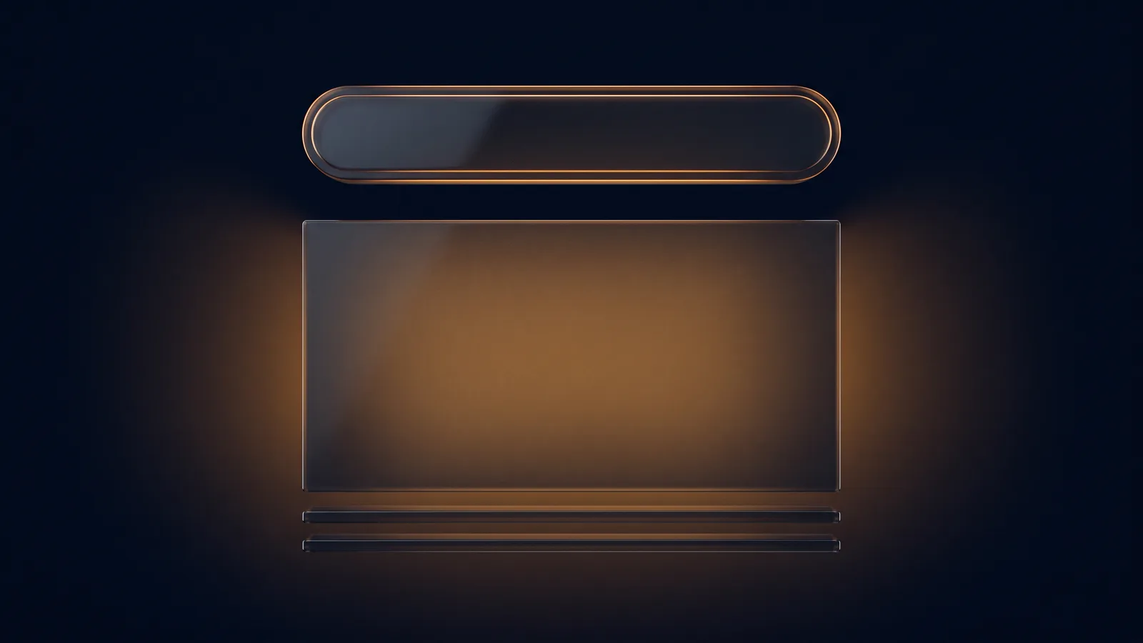 A wide blank search bar of dark smoked glass rimmed in amber floating in a deep blue void above a broad blank answer panel glowing warm amber, with two thin dim result strips beneath it