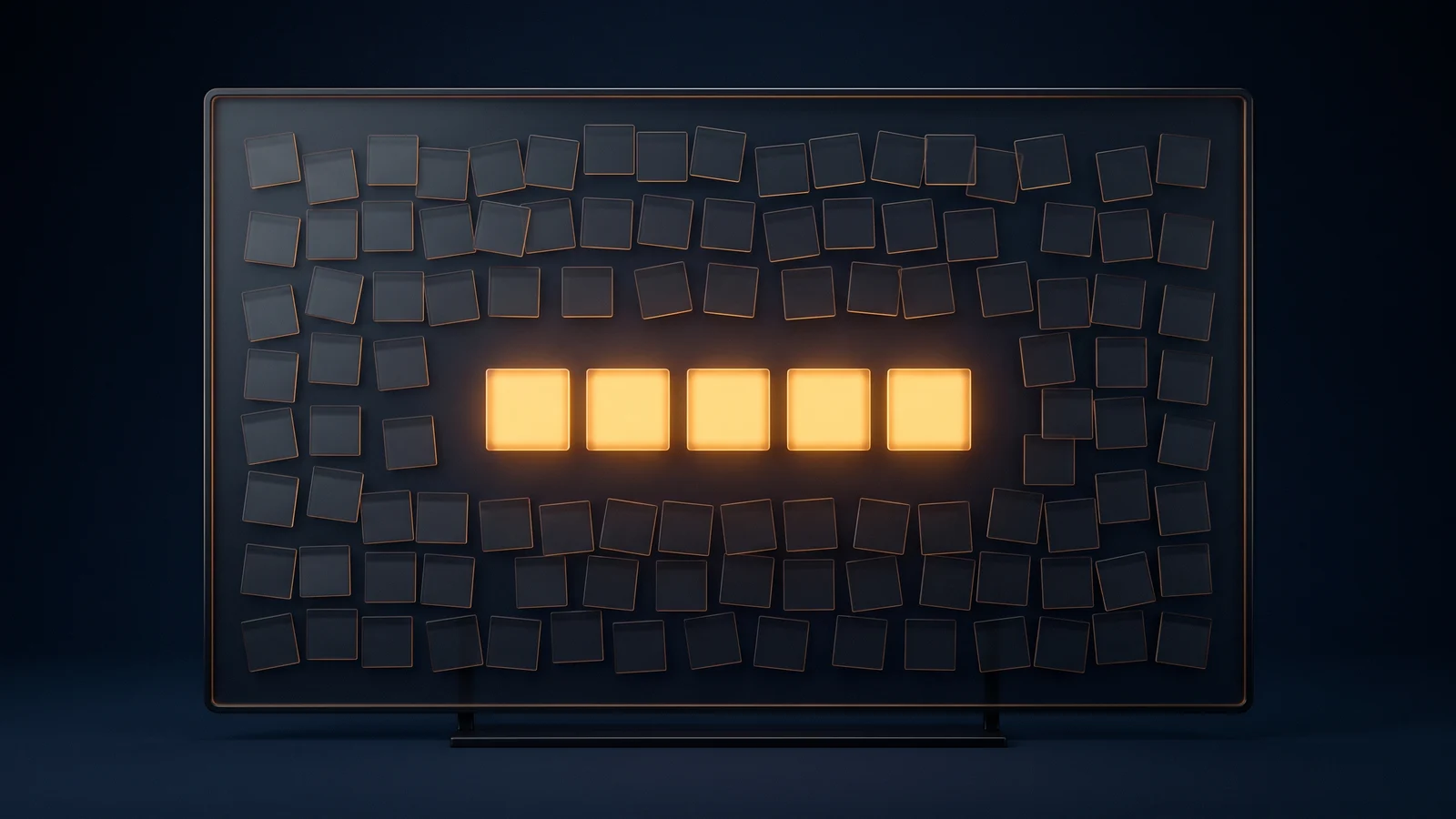 A broad upright dark glass board on a low stand in a deep blue void, covered with many small blank square tiles scattered at slightly different angles, with one straight row of five tiles across the middle glowing bright warm amber