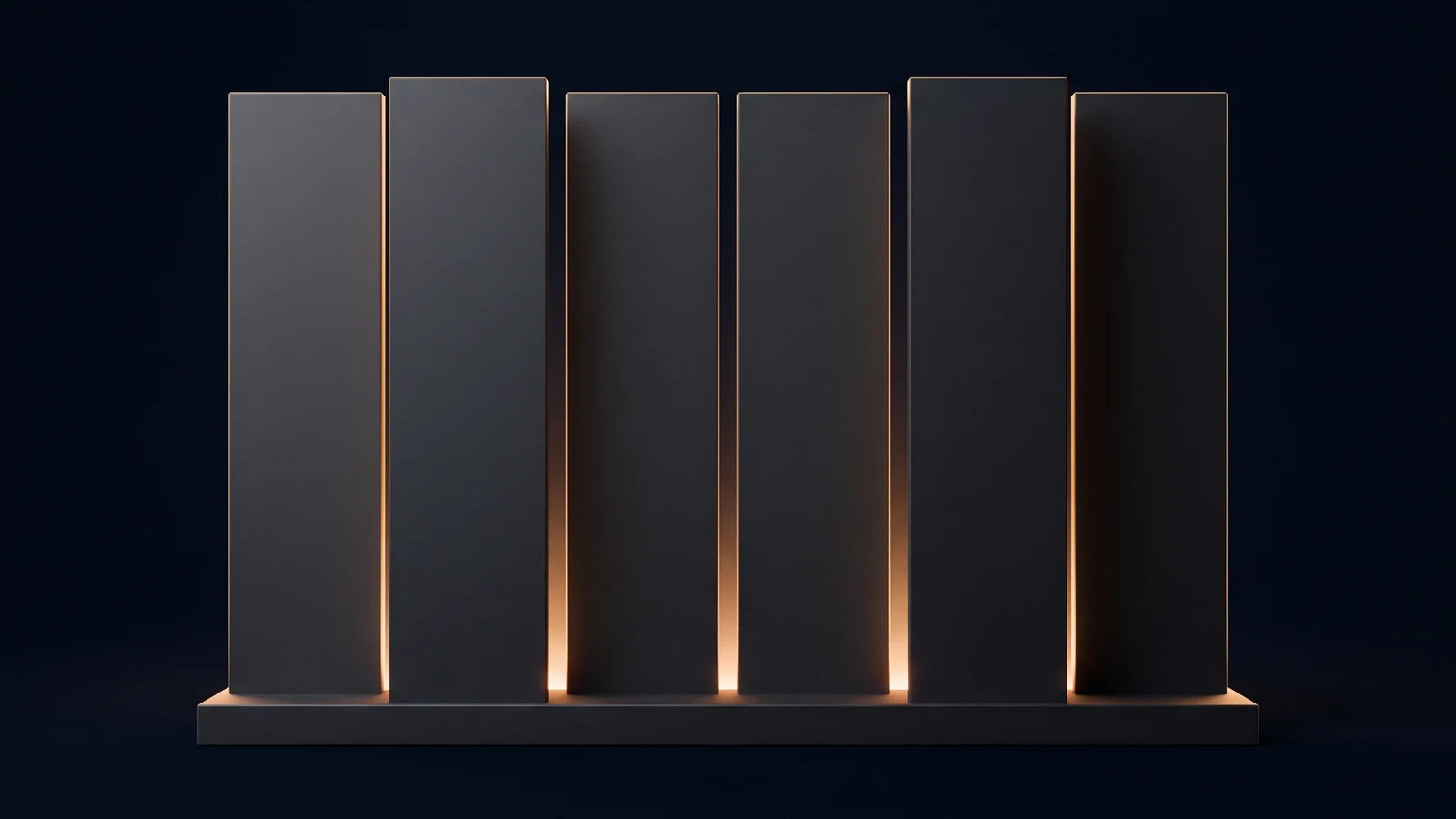 Six tall dark blank upright panels standing in a row on a low rail in a deep blue void, the second and fifth panels pulled forward and standing proud of the row with the empty channels behind them washed warm amber