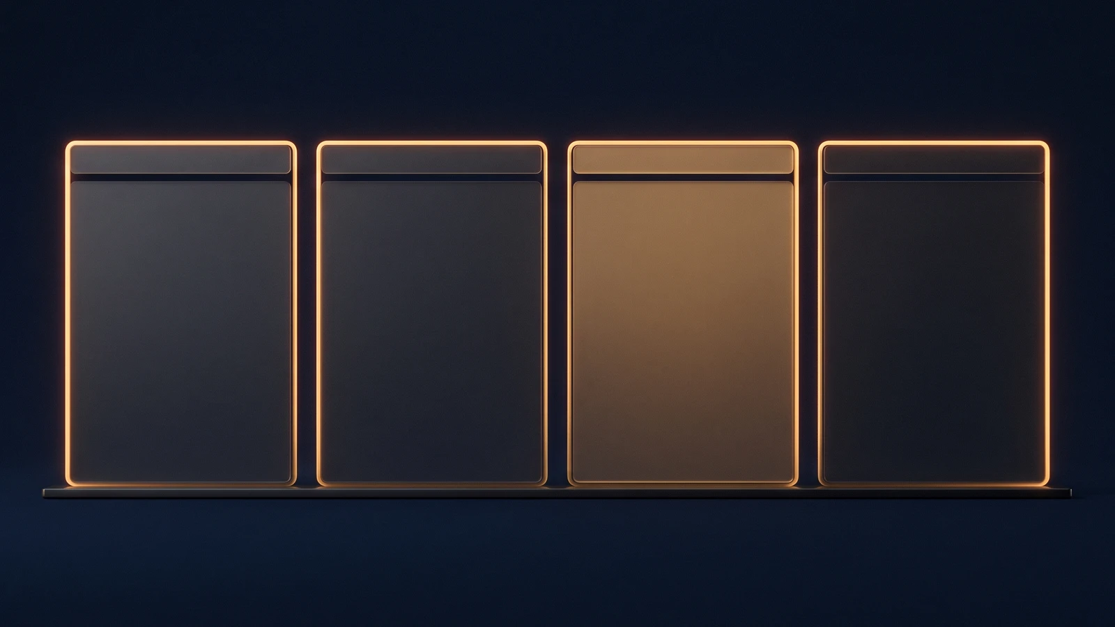 Four identical upright blank browser window panes standing side by side on a low base rail in a deep blue void, each traced by a warm amber rim, with only the third pane from the left washed warm amber