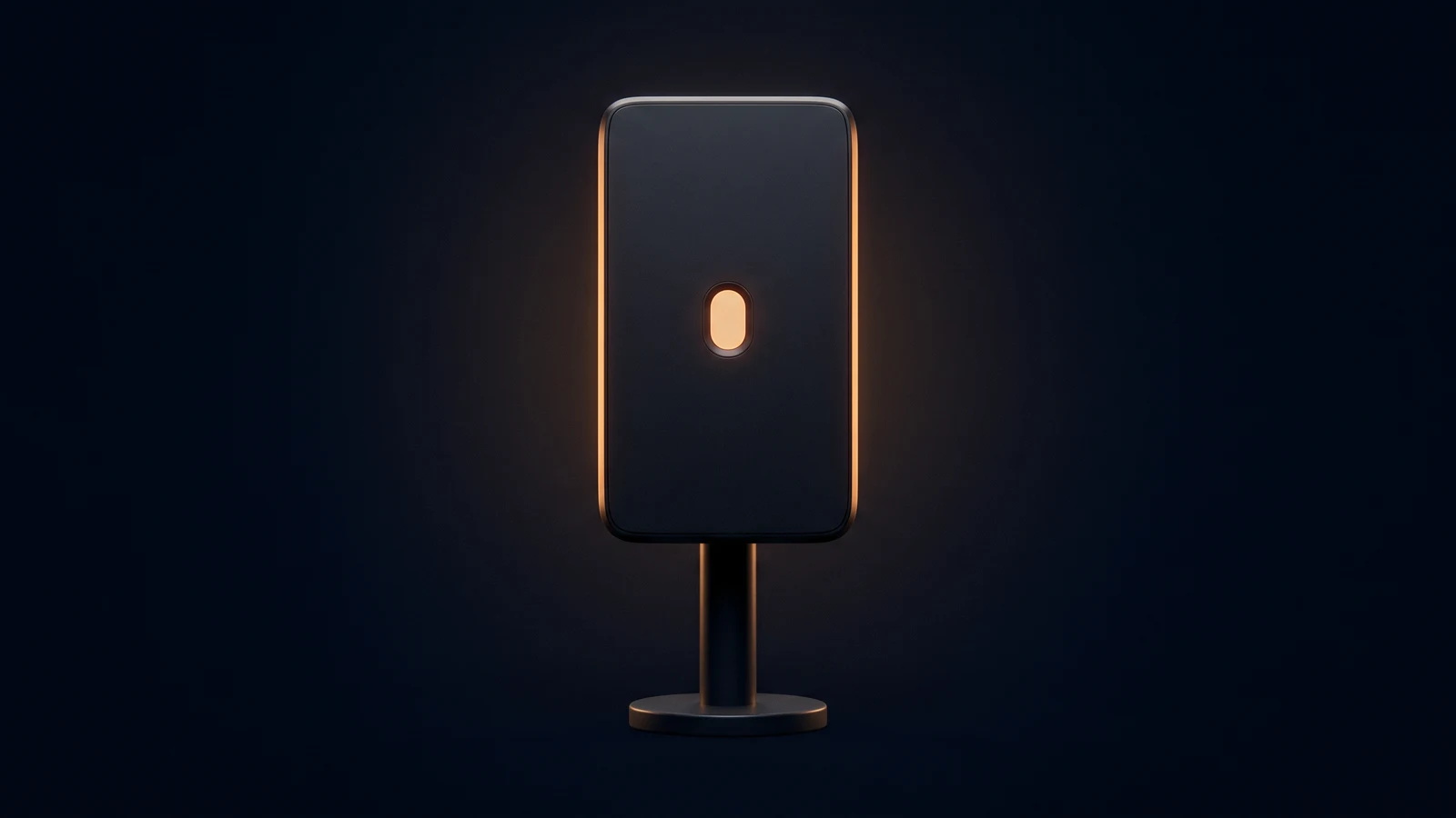 An upright access reader of matte near-black glass standing dead-on on a slim pedestal in a deep blue void, its front panel completely blank and rimmed with warm light, one small oval sensor pad at its center glowing warm amber