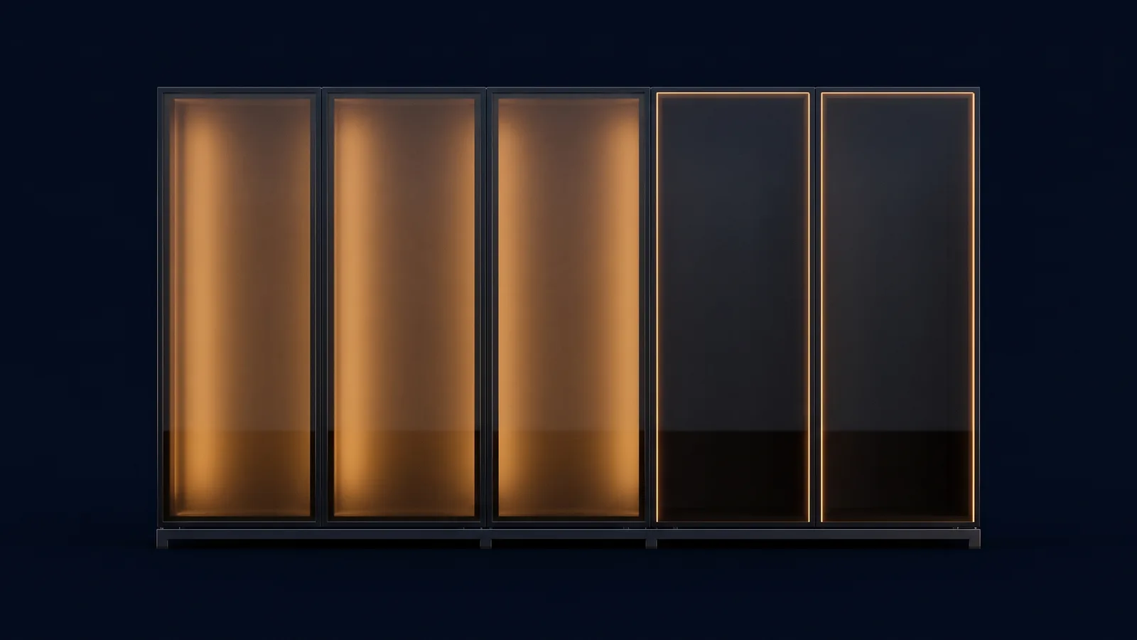 Five tall blank panels of dark smoked glass standing side by side on a low base rail in a deep blue void like a progress meter, the first three glowing warm amber and the last two dark with thin amber rims