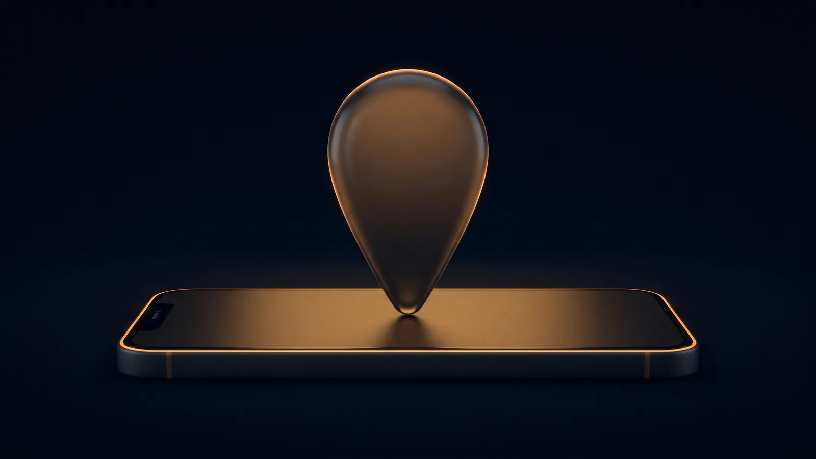 A dark smartphone lying flat in a deep blue void, its blank screen washed warm amber, with one solid glass map pin standing upright in the middle of the screen