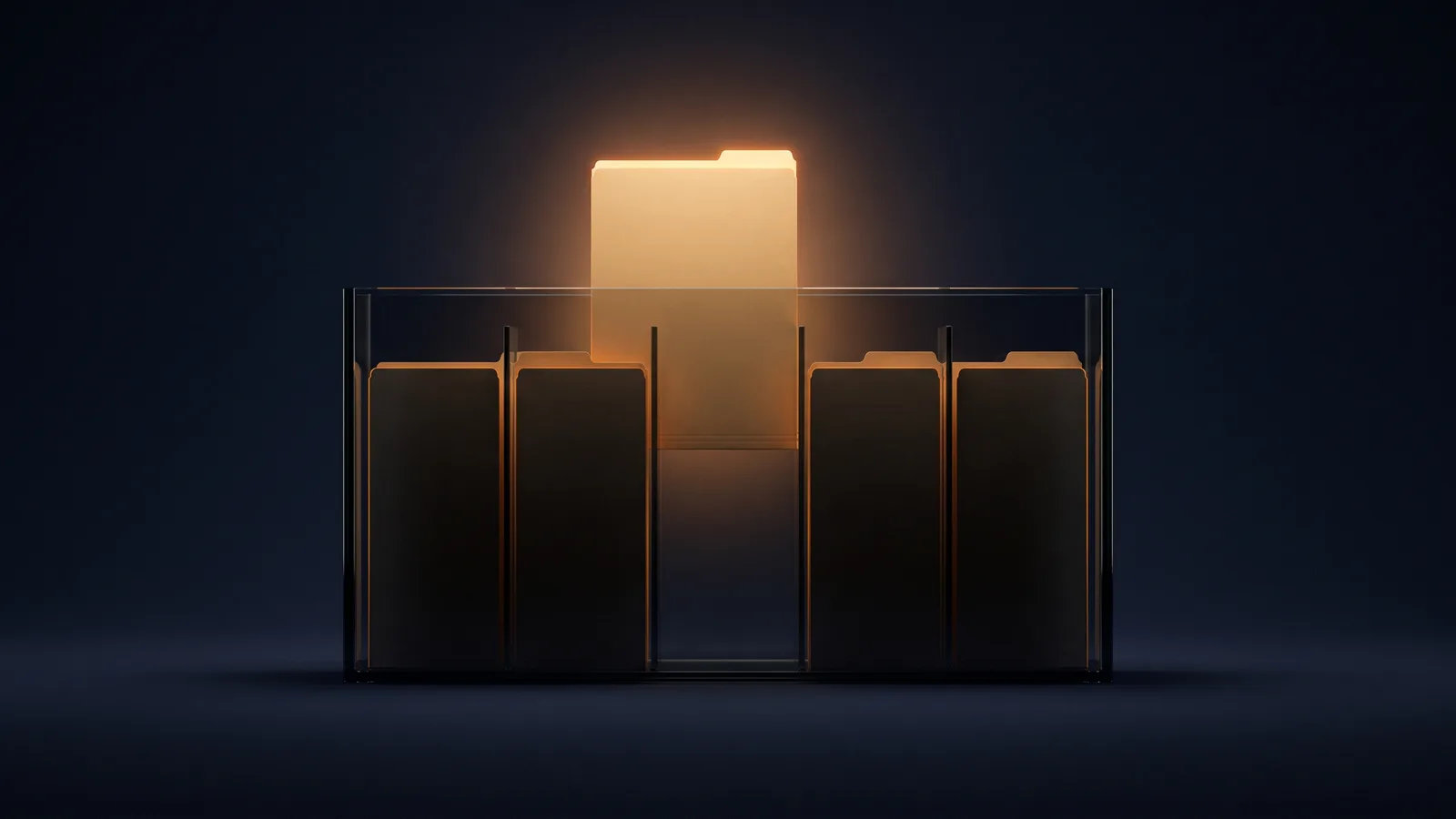 A broad clear glass desktop file sorter in a deep blue void holding five upright blank folders, the middle folder lifted above the others and glowing warm amber while the other four sit dark