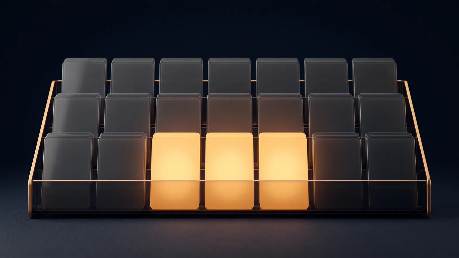 A wide three-tier desktop card rack of dark smoked glass with thin amber rims seen straight on in a deep blue void, holding rows of blank upright cards, all dark except three cards at the center of the front row glowing warm amber