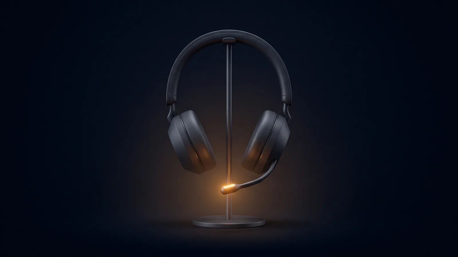 A dark over-ear call center headset hanging on a slim upright stand in a deep blue void, its microphone boom curving to the center with only the tip glowing warm amber