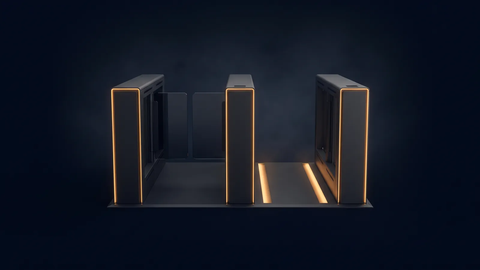 An office lobby speed gate of three dark pedestals in a deep blue void, their edges traced in warm amber, the left lane closed by two glass wings and the open right lane lit by warm amber strips in the floor