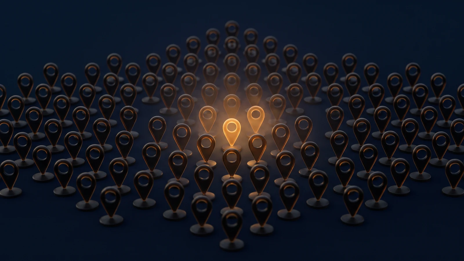 A dense field of identical dark glass map pins standing in a deep blue void, with three near the middle glowing warm amber and the rest dark