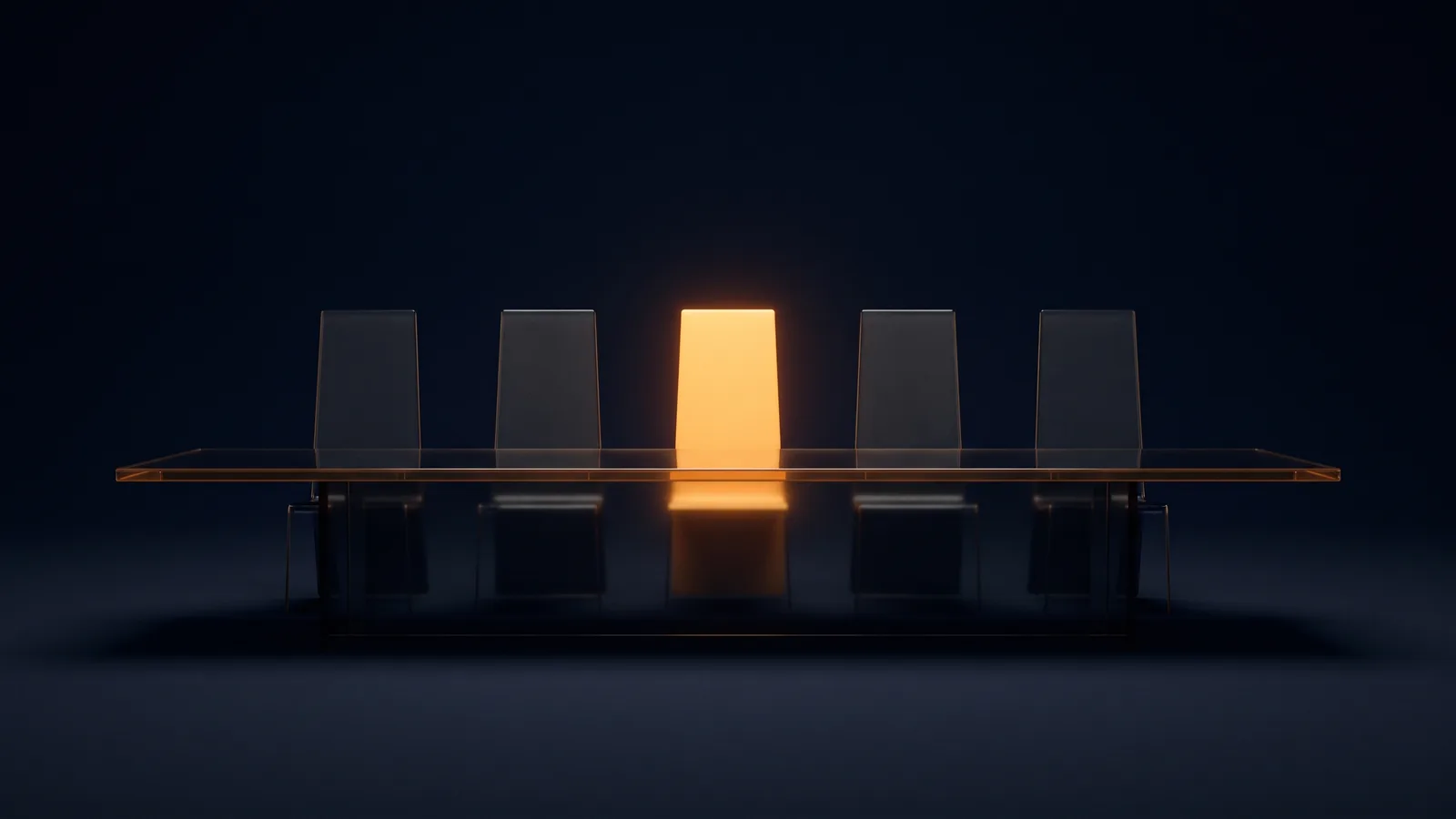 A long boardroom table of dark smoked glass with thin amber rims seen straight on in a deep blue void, five tall chair backs in a row behind it, four dark and the middle one glowing warm amber