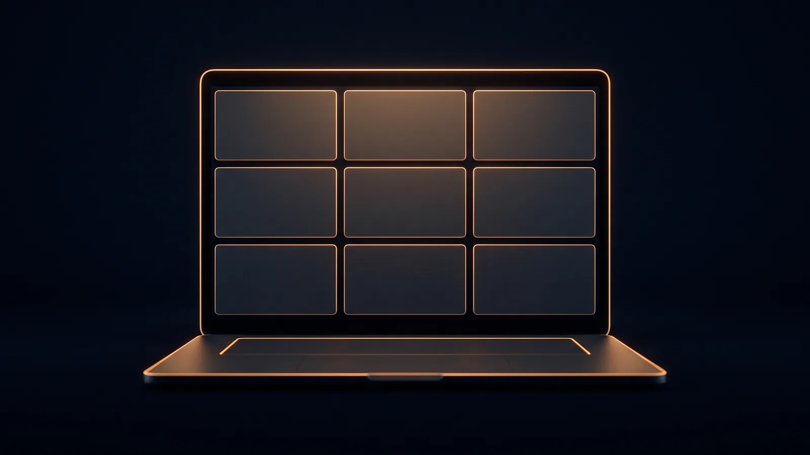 An open dark laptop in a deep blue void, its screen divided into a three by three grid of nine blank tiles, each traced by a thin warm amber rim