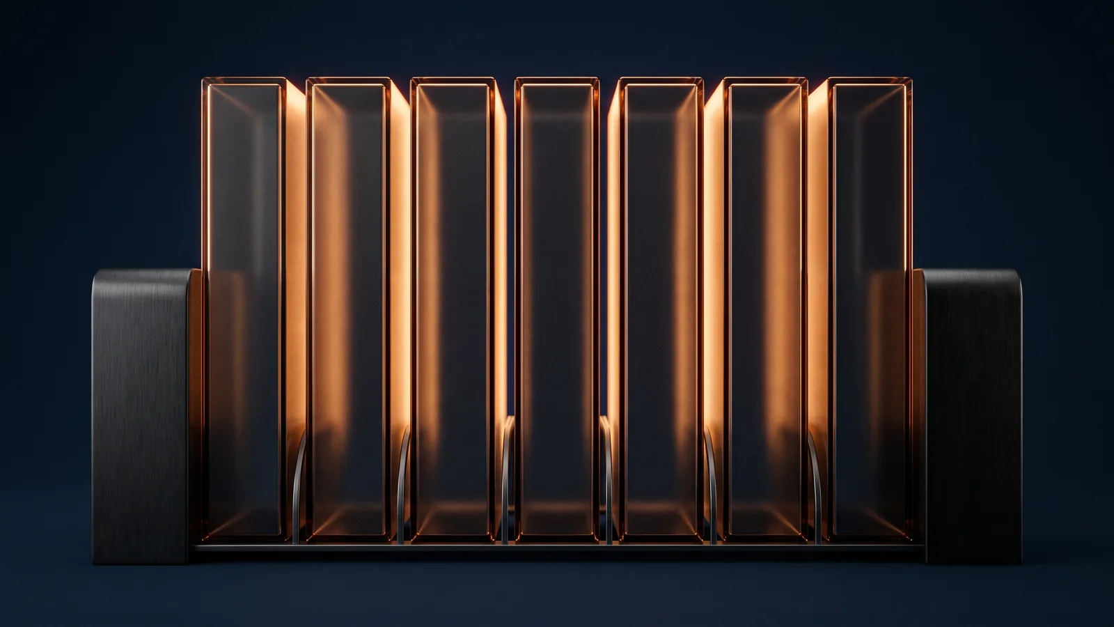 A row of seven upright blank binders of dark smoked glass glowing warm amber from within, standing on a low rail between two heavy near-black bookends in a deep blue void