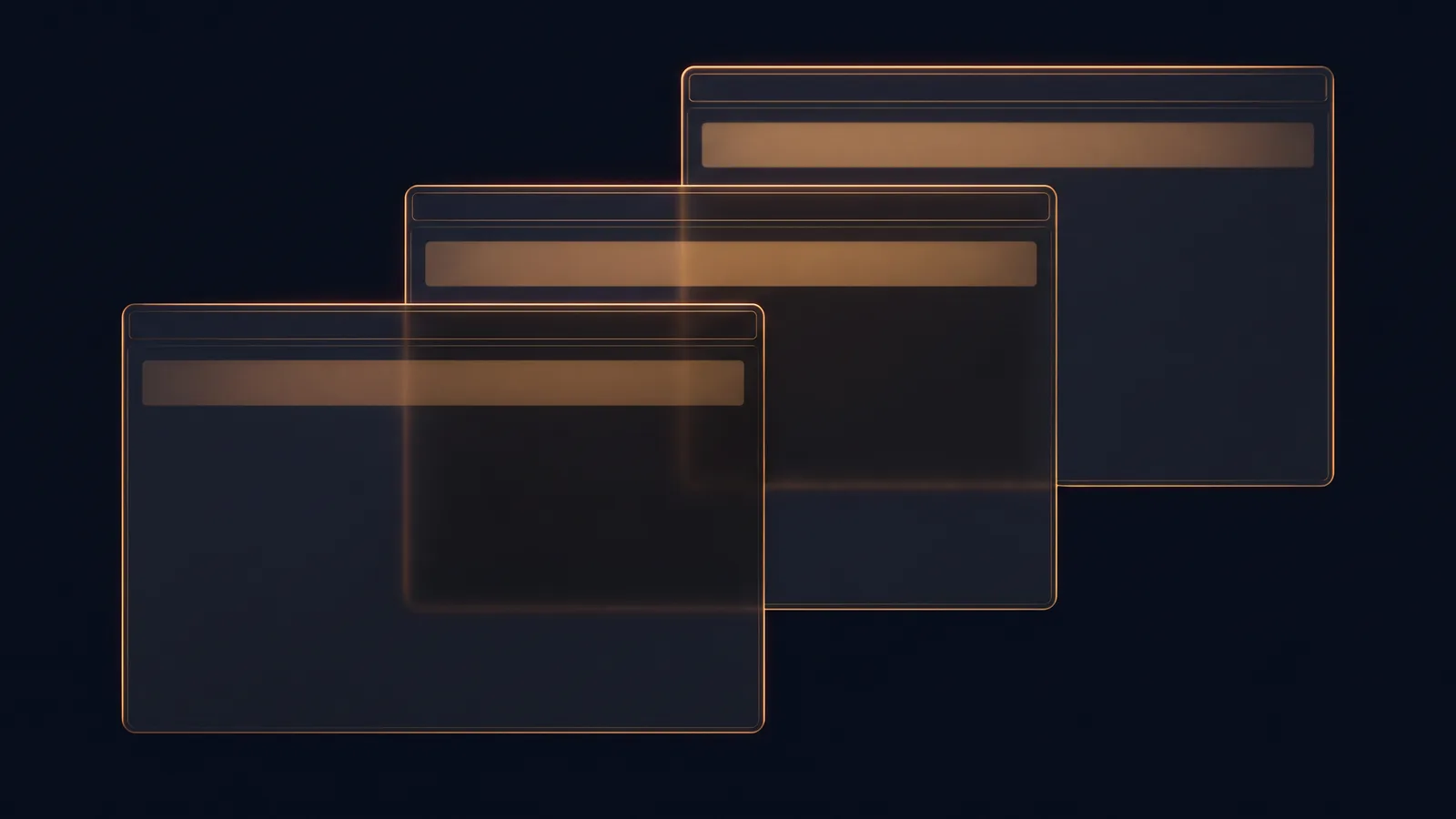 Three blank dark glass browser windows cascading one behind another in a deep blue void, each carrying the same wide warm amber strip near its top