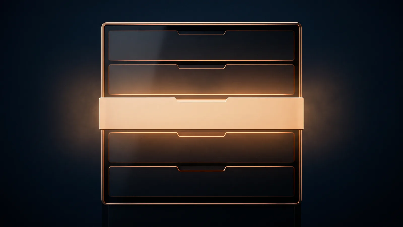 A broad dark glass cabinet of five wide blank drawers seen straight on in a deep blue void, four drawers dark with thin amber rims and the middle drawer pulled forward with its whole front glowing warm amber