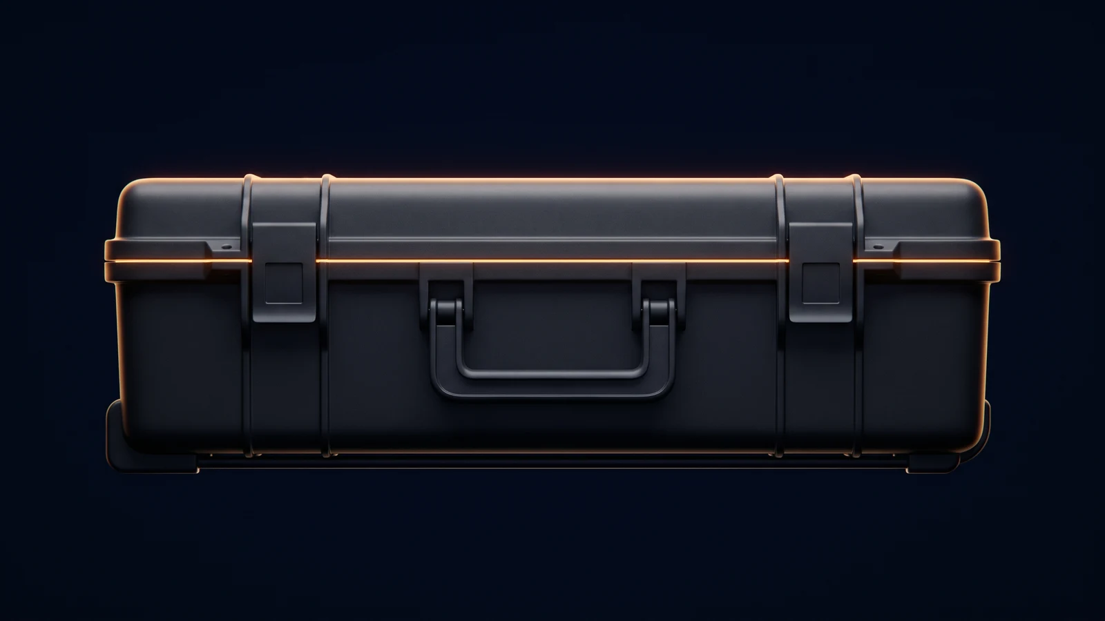 A broad blank dark hard-shell case resting closed on a low rail in a deep blue void, its shell entirely unmarked, with one fine continuous warm amber line escaping from the seam where the lid meets the body