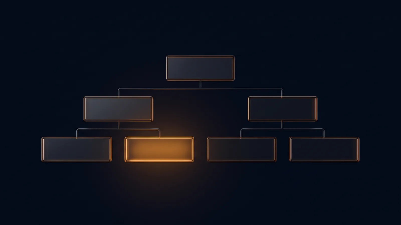 Seven blank plates of dark smoked glass with thin amber rims joined by thin rods into a three-tier organization chart in a deep blue void, six dark and one plate in the bottom row glowing warm amber