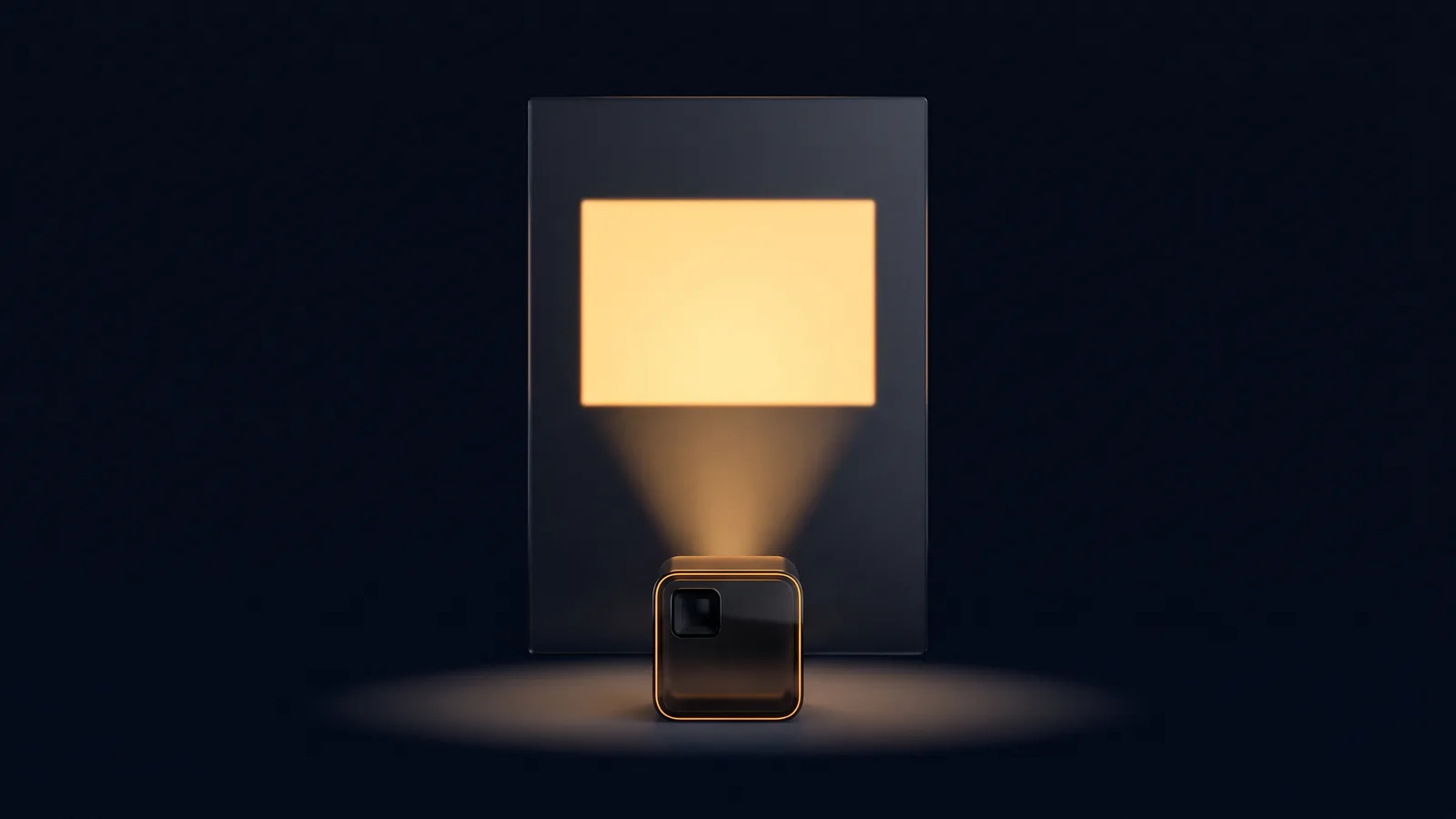 A small cube projector of dark smoked glass rimmed in amber in a deep blue void, casting a soft beam up onto a tall dark glass panel behind it, where the light lands as one crisp blank rectangle glowing warm amber