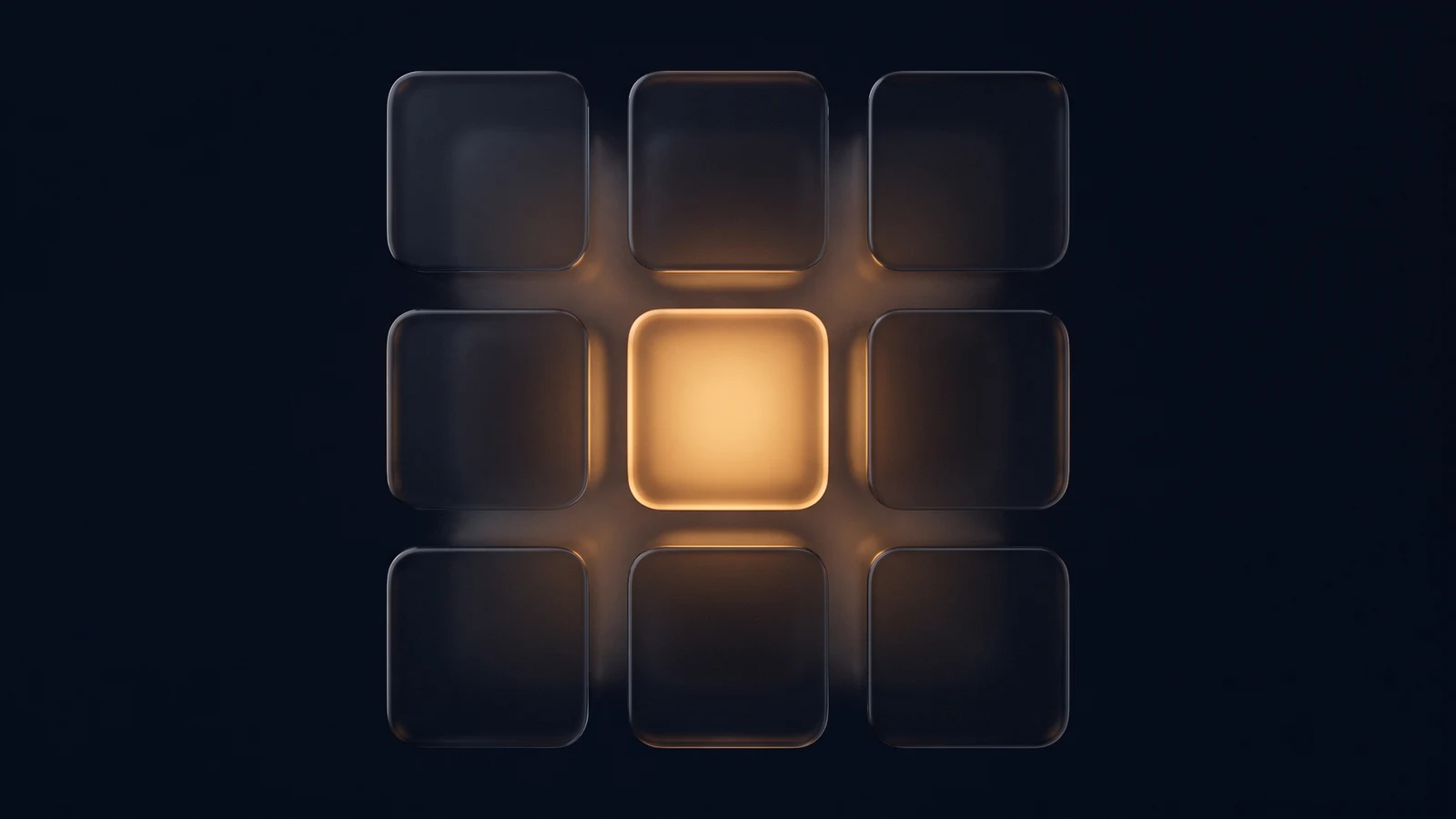 A three by three grid of nine blank rounded tiles of dark smoked glass floating in a deep blue void, eight dark and the center one glowing warm amber from within