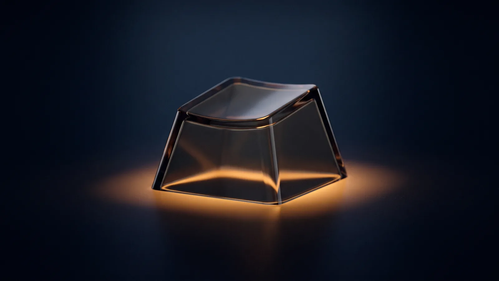 A single oversized keyboard key of dark smoked glass resting in a deep blue void, warm amber light spilling out from the gap beneath it