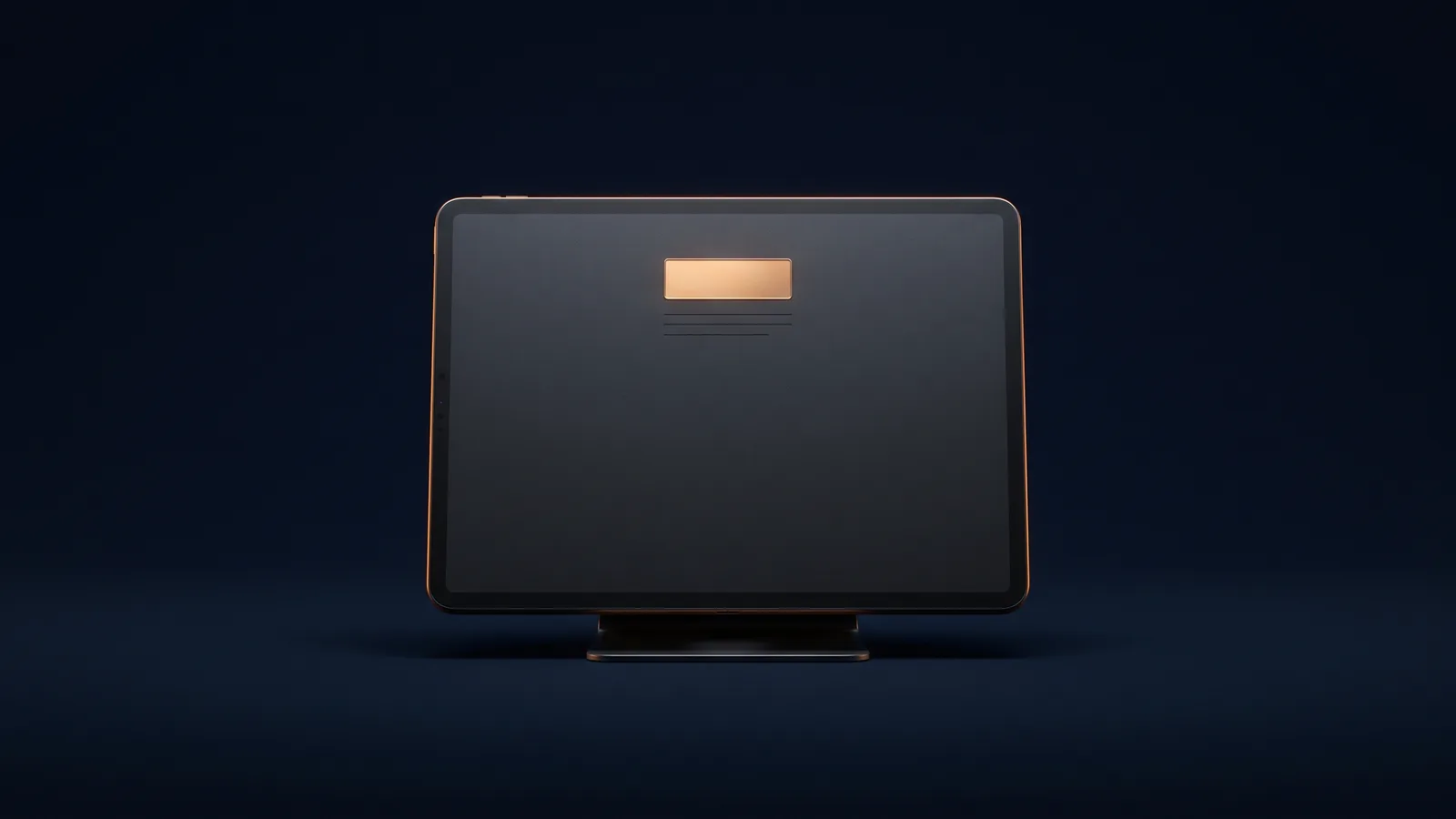 A broad dark tablet standing on a slim stand in a deep blue void, its blank screen dark except for one small card-shaped panel near the top glowing warm amber above three faint blank rows