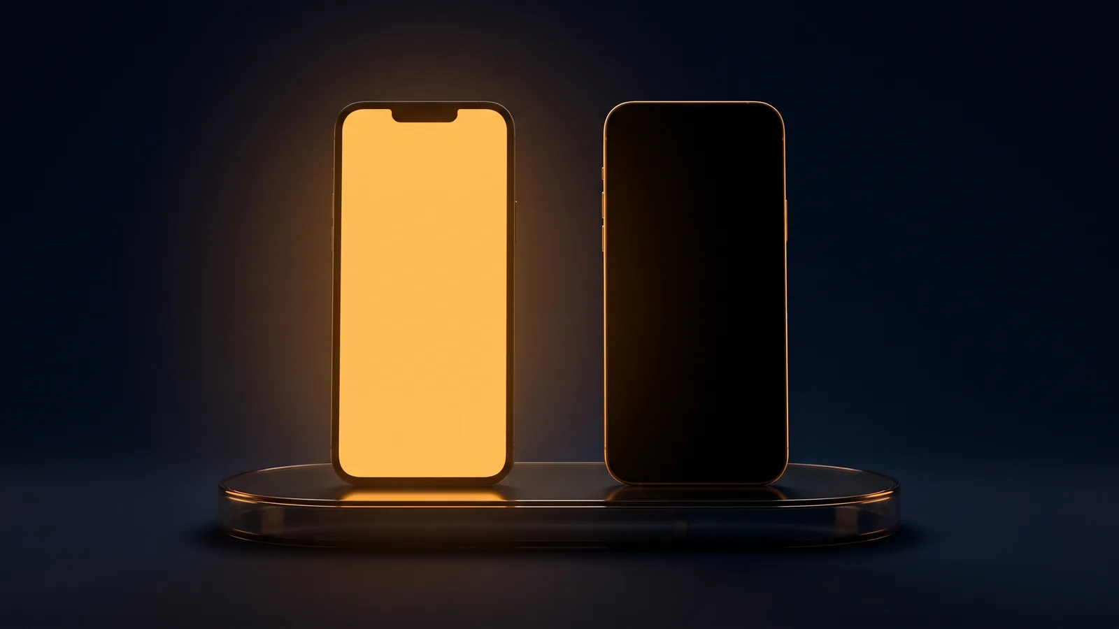 Two identical smartphones standing upright side by side on a low dock of dark smoked glass in a deep blue void, the left screen blank and glowing warm amber, the right screen blank and dark