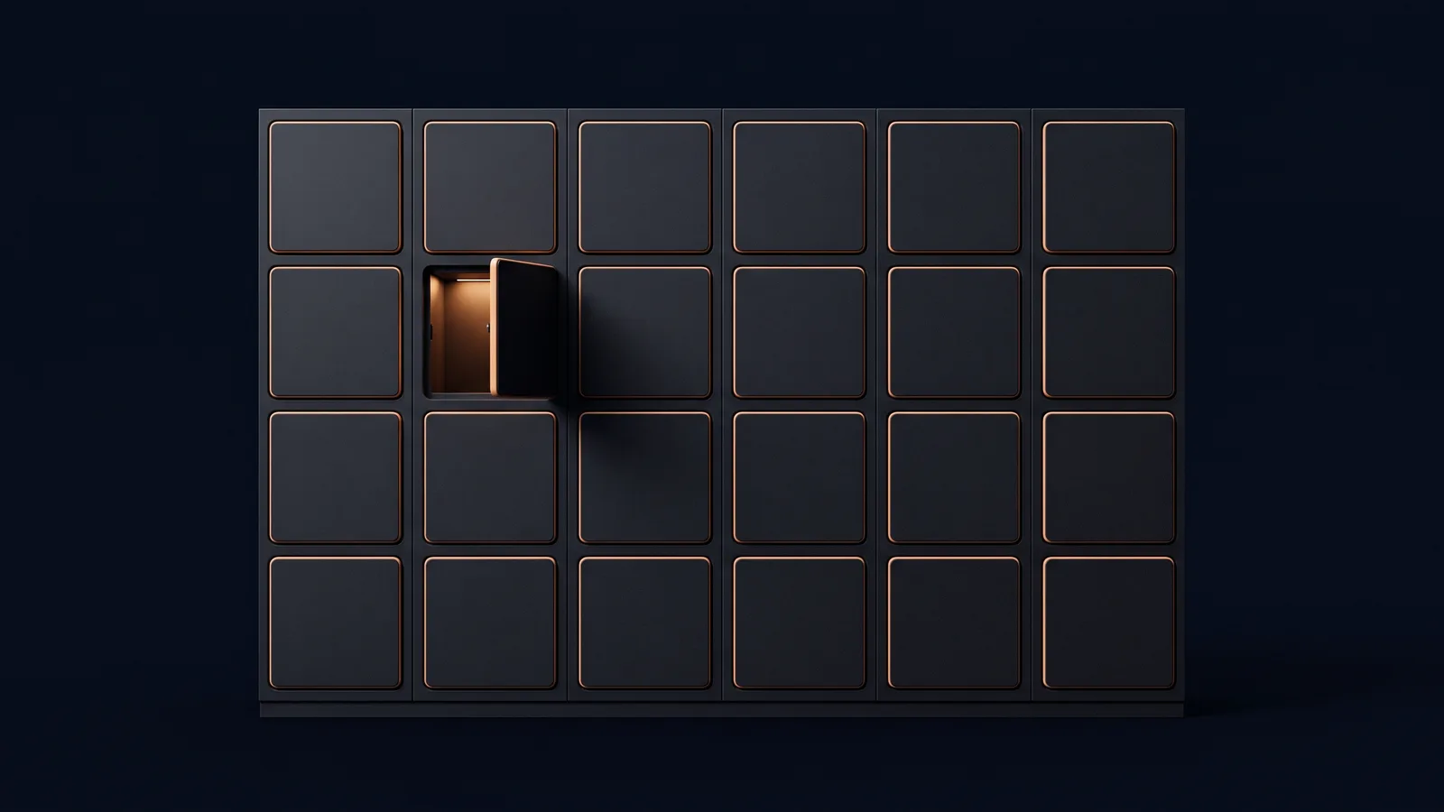 A broad bank of dark parcel lockers in a deep blue void, four rows of six blank square doors traced by thin amber rims, one small door in the second row standing open with its cubby glowing warm amber