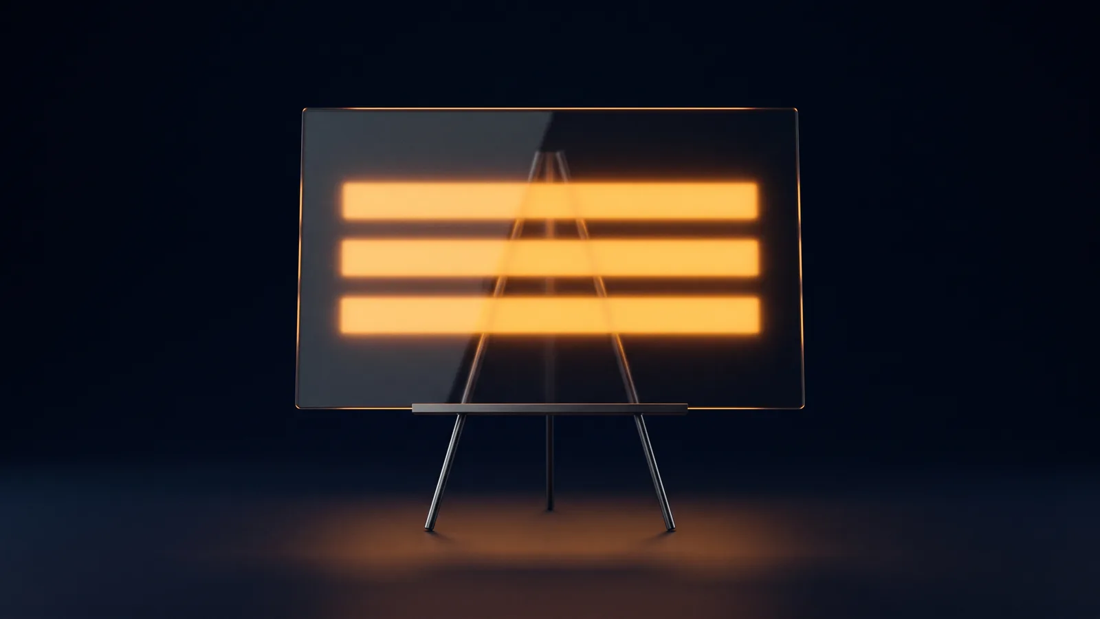 A wide blank presentation slide of dark smoked glass resting on a slim tripod easel in a deep blue void, three wide blank rows glowing warm amber across its dark face