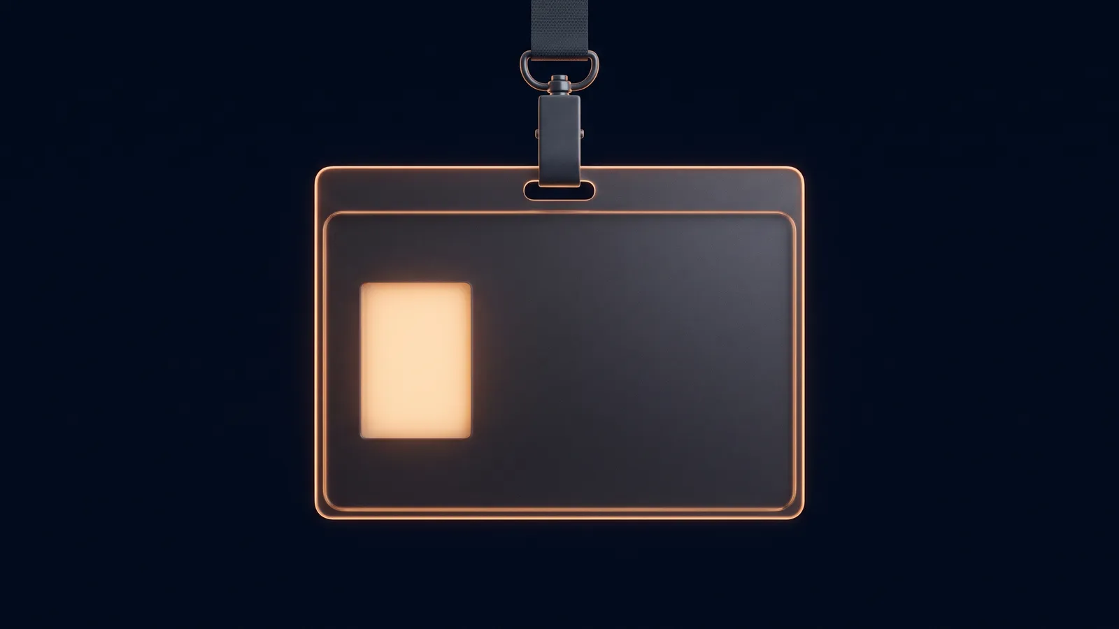 A wide blank identification badge hanging face-on from a clip and strap in a deep blue void, its dark face traced by a warm amber rim, with one small window at its left glowing warm amber