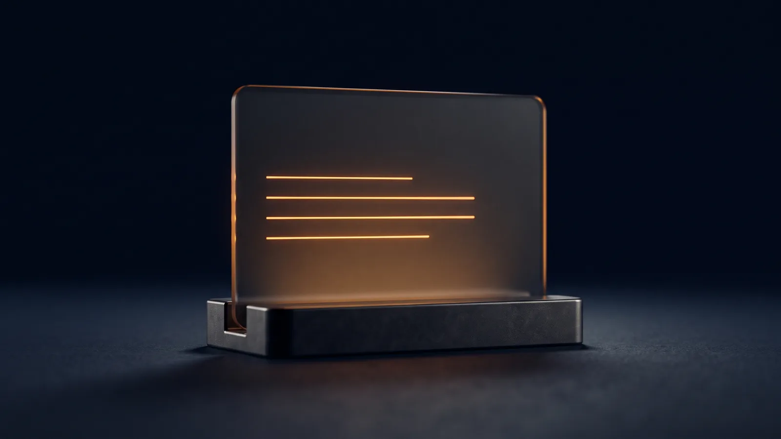 A large upright business card of dark smoked glass rimmed in amber, standing in a low dark desk holder in a deep blue void, four thin lines of uneven length glowing warm amber across its face like a short paragraph