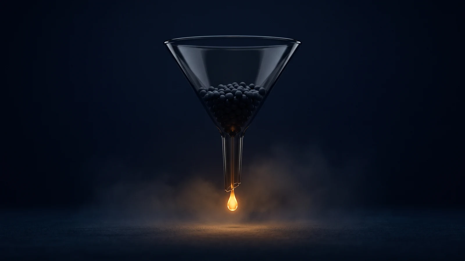 A tall funnel of dark smoked glass holding many unlit pellets, with a single warm amber droplet glowing as it leaves the narrow spout