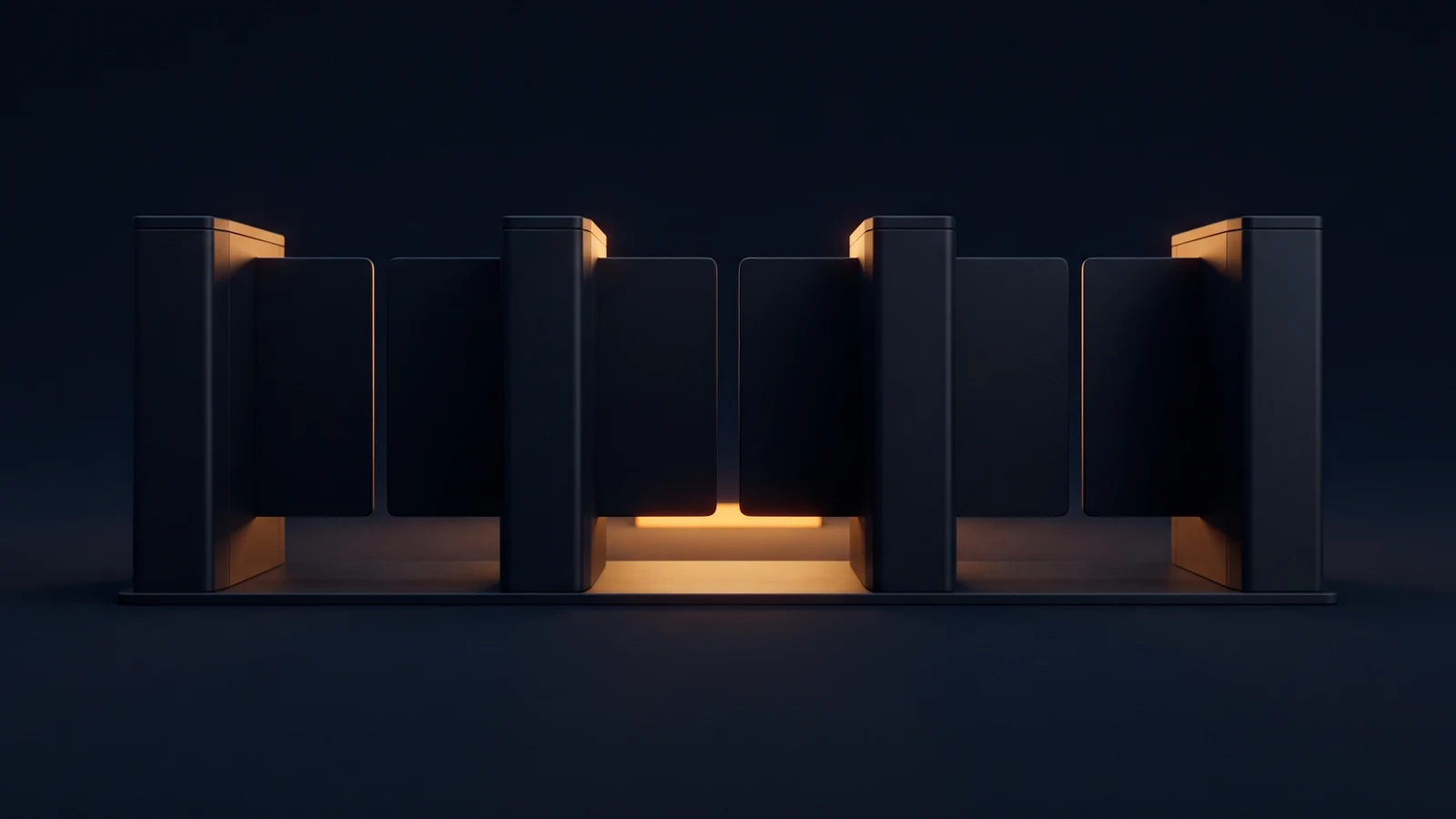 A row of four dark blank gate pedestals in a deep blue void forming three lanes, the outer two lanes closed flush by plain dark barrier panels and the single center lane standing open with warm amber light washing its floor