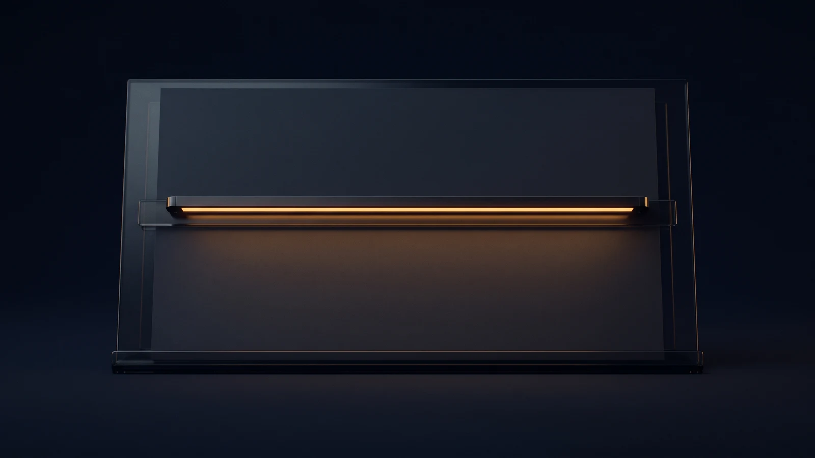 A broad dark copy stand in a deep blue void holding one large blank unmarked card, with a single long reading bar mounted across the card at mid height glowing warm amber along its underside and washing the lower half of the card dimly