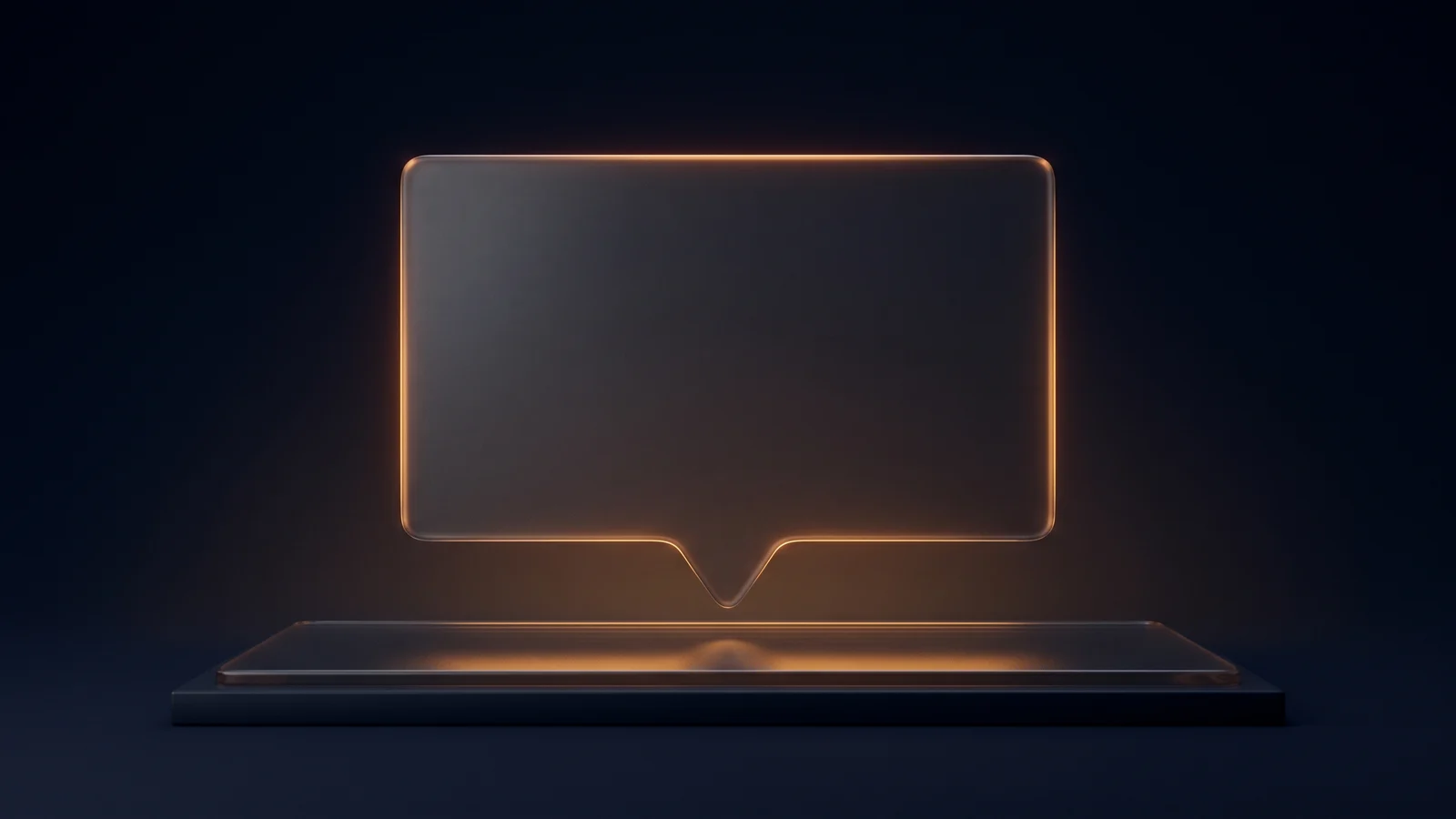 A broad blank dark glass chat bubble traced by a warm amber rim, standing upright above a wide low dark listing card on a base rail whose front edge glows warm amber, in a deep blue void